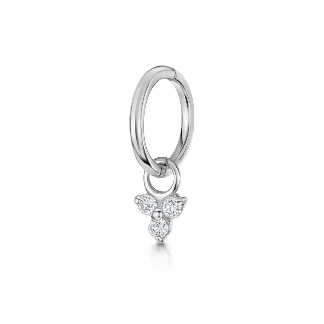 9K Solid White Gold 6mm Crystal Clicker Hoop Earring with Crystal Trio Charm