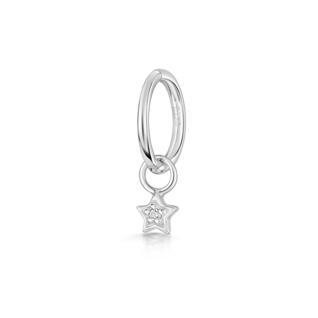 9K Solid White Gold 6mm Crystal Clicker Hoop Earring with Crystal Trio Charm