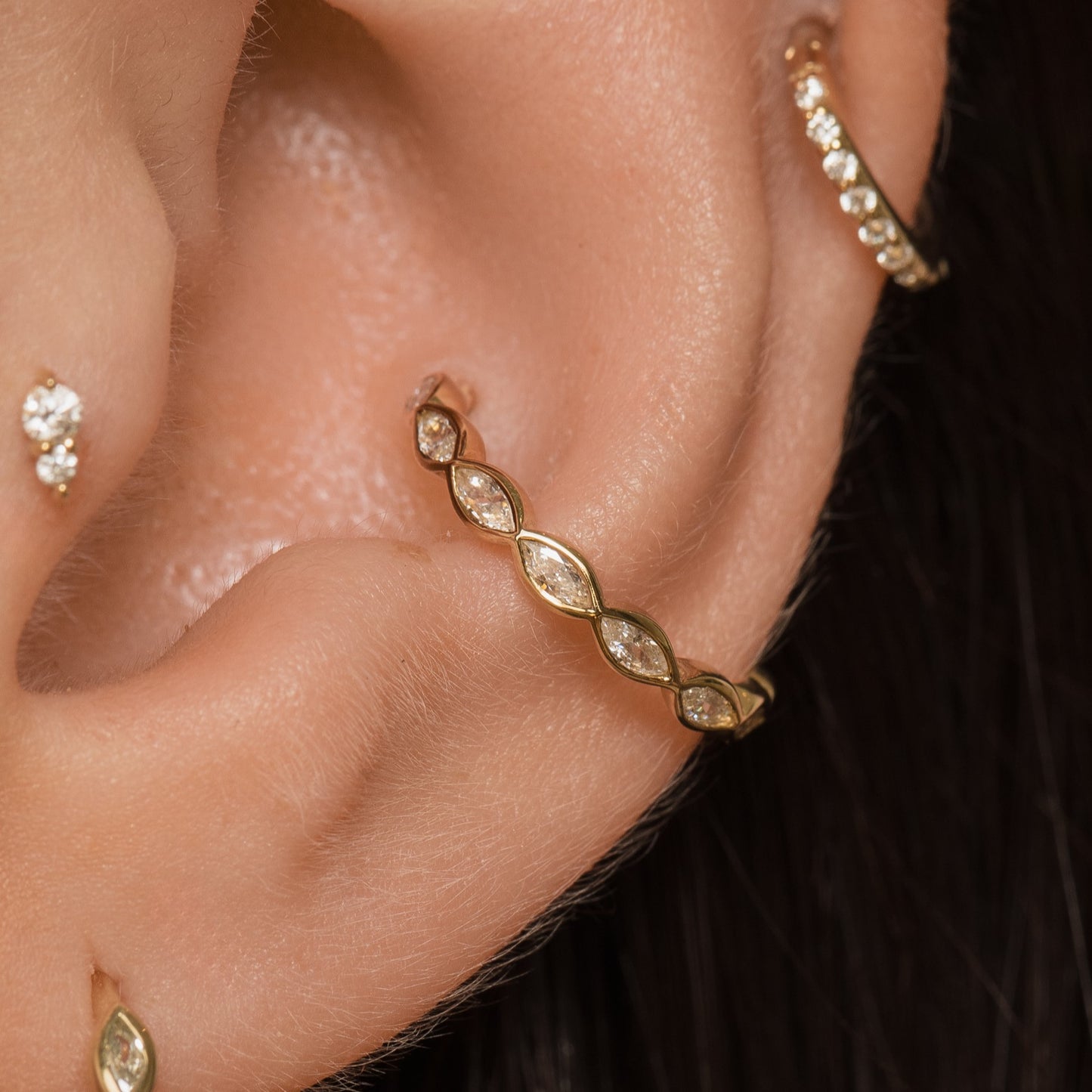 14k solid yellow gold 10mm 16g marquise crystal clicker hoop earring Huggies and Hoops Laura Bond Maria Tash