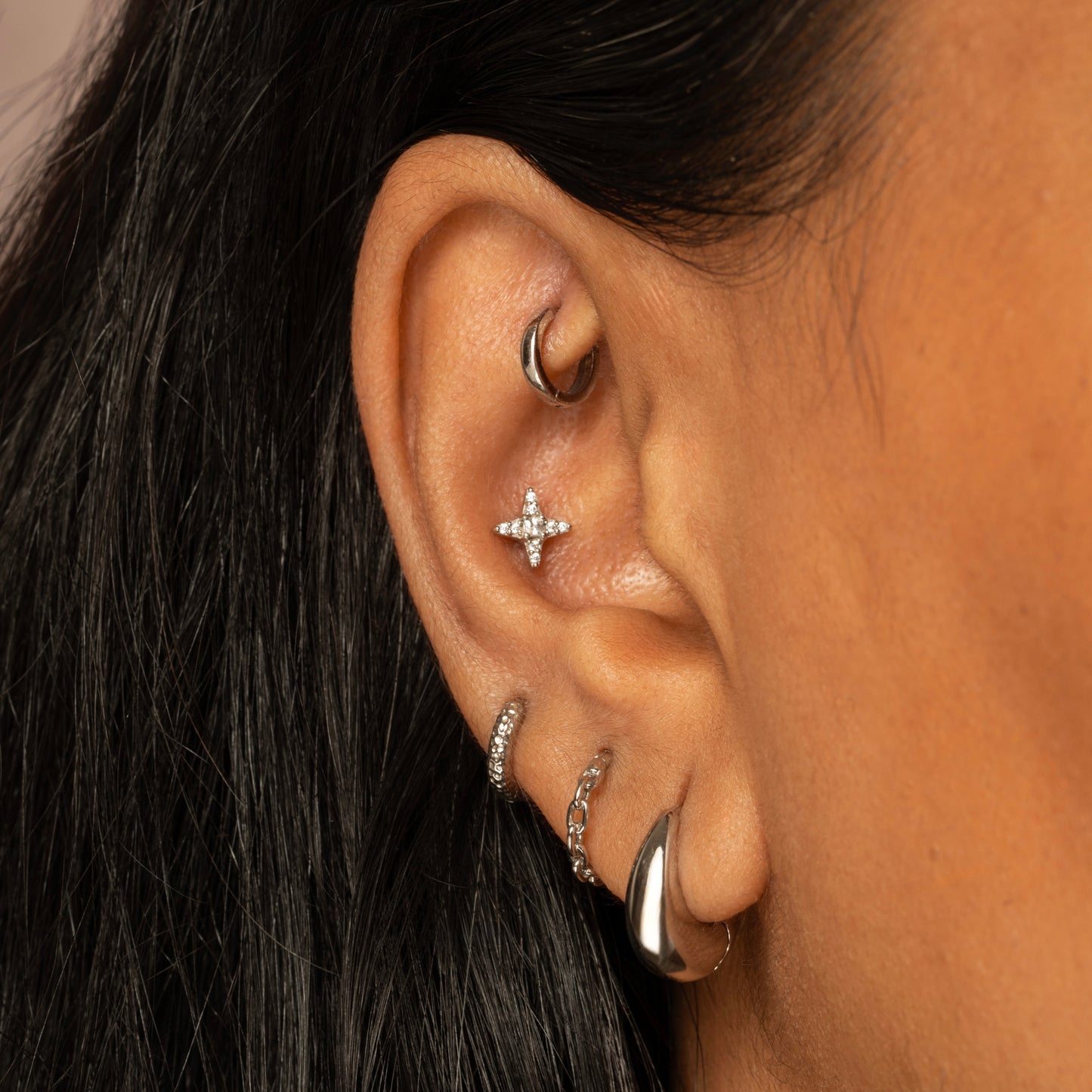 9k solid white gold Natal star flat back labret stud 6mm