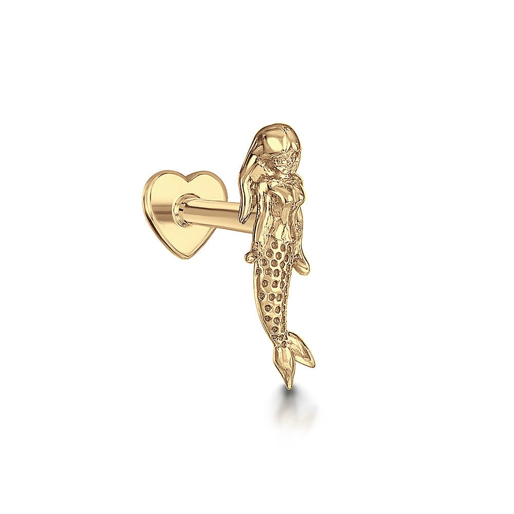 9k solid yellow gold mermaid flat back labret stud earring 6mm (right)