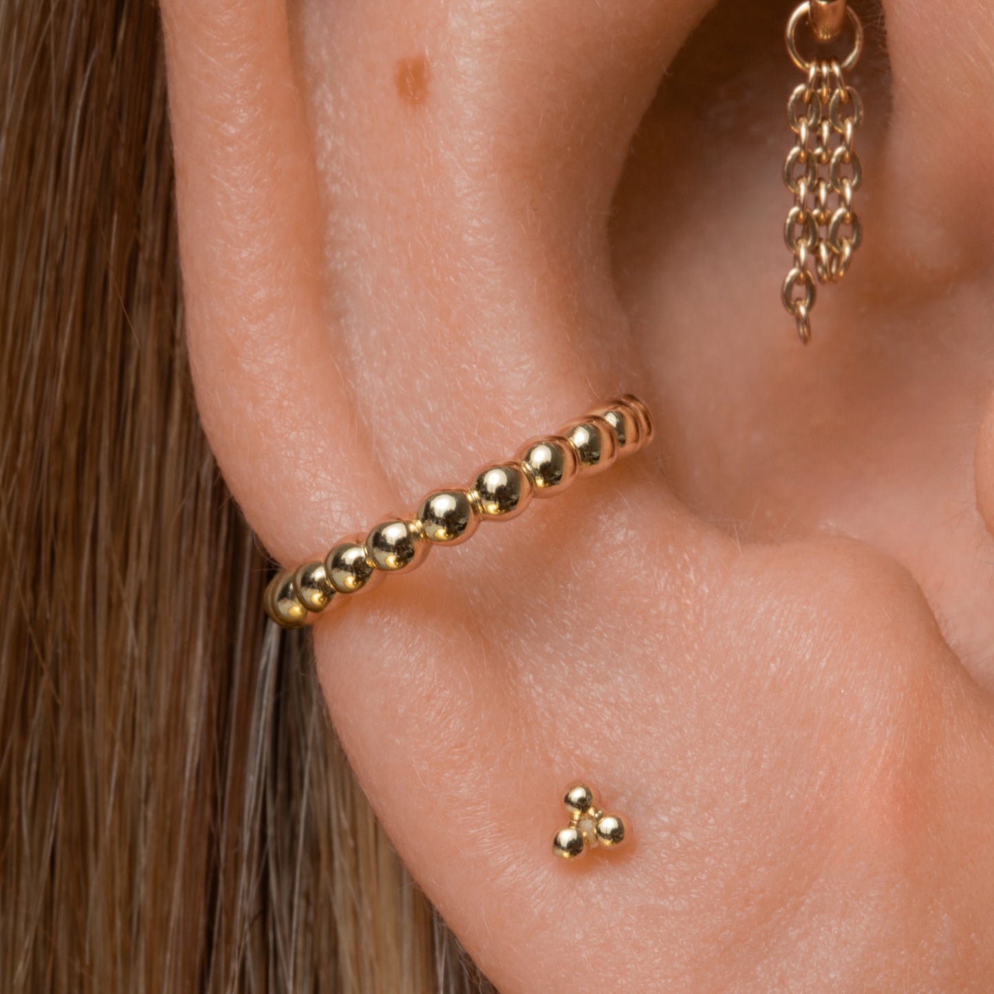 Hayley B Daines X Laura Bond - 9k solid yellow gold tiny triple dot flat back labret stud earring 6mm