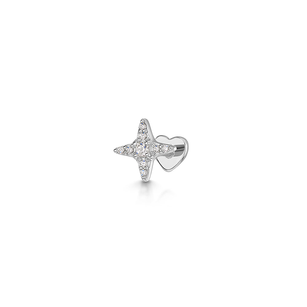 9k solid white gold Natal star flat back labret stud 6mm