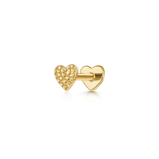 9k solid yellow gold hammered heart flat back labret stud earring 6mm