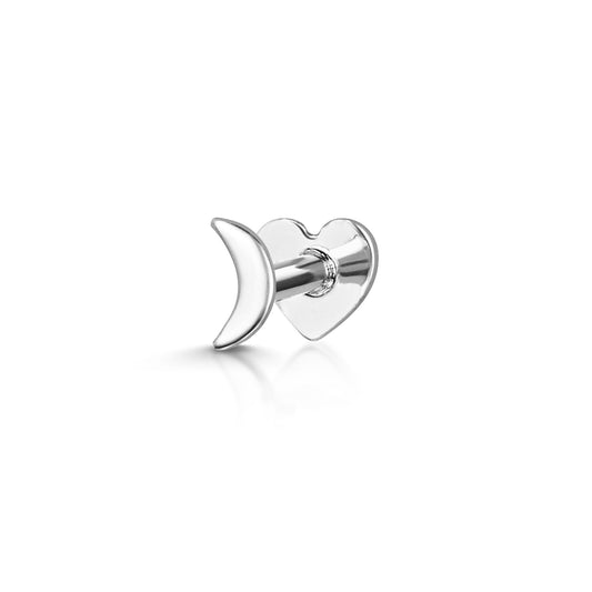 14k solid white gold tiny moon flat back labret stud earring 8mm