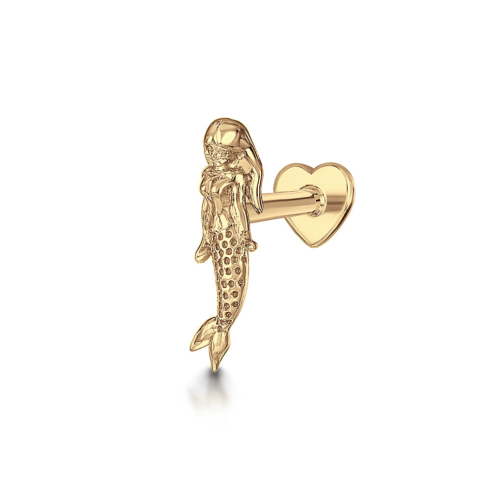 9k solid yellow gold mermaid flat back labret stud earring 6mm (left)