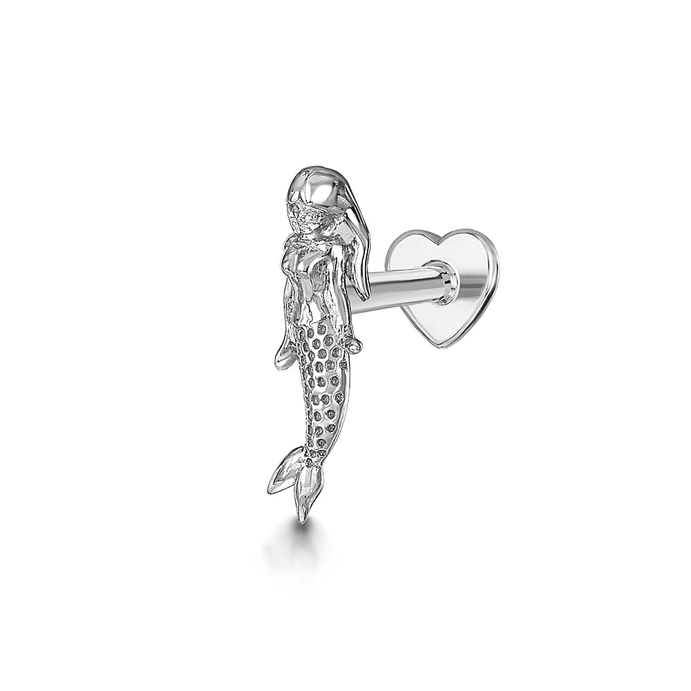 14k solid white gold mermaid flat back labret stud earring 8mm (left)