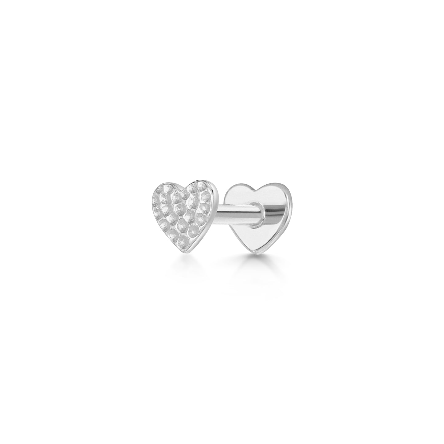 9k solid white gold hammered heart flat back labret stud earring 6mm